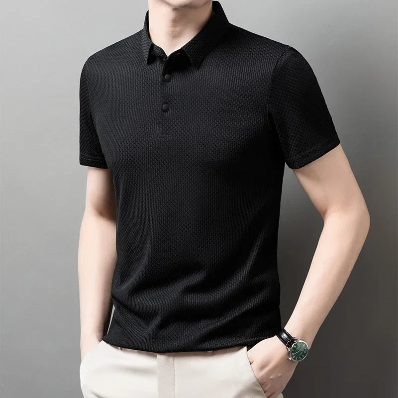 Men's Bone Flower Solid Color Polo Shirt Business Casual Short Sleeve Summer Breathable Versatile Top