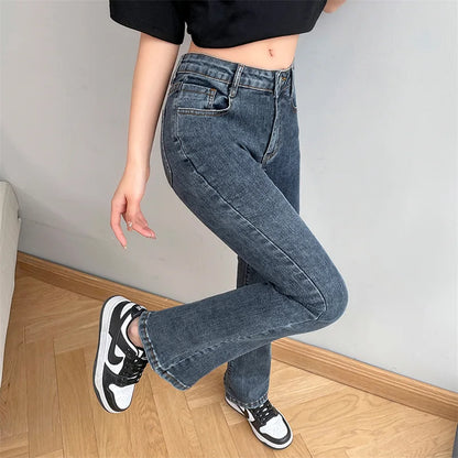 Women Fashion Flare Jeans Winter Streetwear Y2K Straight Pants Ankle Length Denim Jeans Girls Party Casual Retro Blue Trousers
