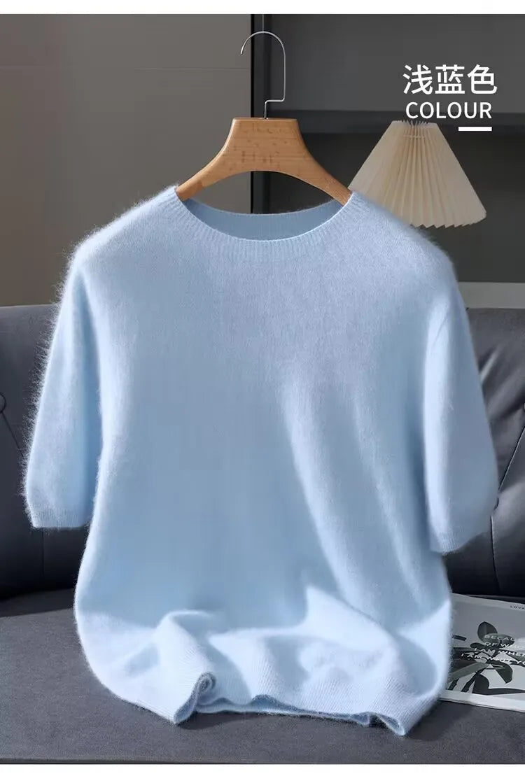 100% Mink Cashmere Knitted Short Sleeved Men's Loose Round Neck Solid Color Half Sleeved Simple T-Shirt Casual Business Cashmere