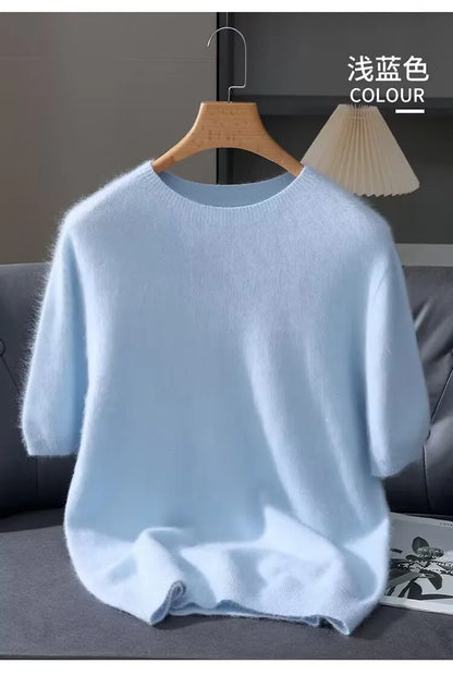 100% Mink Cashmere Knitted Short Sleeved Men's Loose Round Neck Solid Color Half Sleeved Simple T-Shirt Casual Business Cashmere