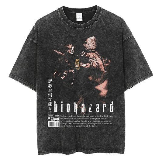 1990S Resident Evil Biohazard Leon Kennedy Oversized T shirt 100% Cotton Vintage Washed T-shirt for men women