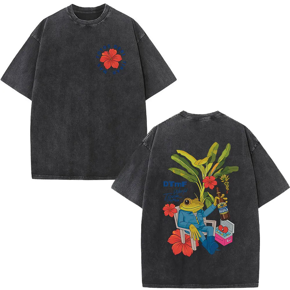 Rapper Bad Bunny Washed Vintage T-shirt Debi Tirar Mas Fotos DTMF World Tour T Shirts Men's Fashion Hip Hop T-shirts Streetwear