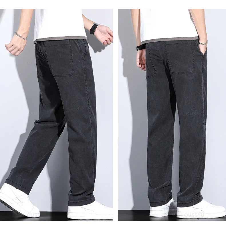 Brand Clothing Summer New Soft Lyocell Fabric Jeans Men Blue Elastic Waist Loose Straight Thin Denim Trousers Male Plus Size 5XL