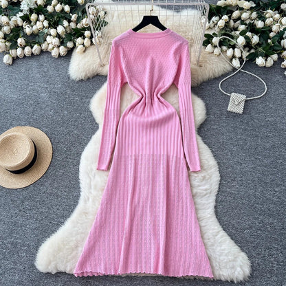 Brand Fashion Aesthetic Patchwork Knitted Maxi Dress Autumn Winter Women Luxury Shirt Sweater Dress Office Lady Vestido