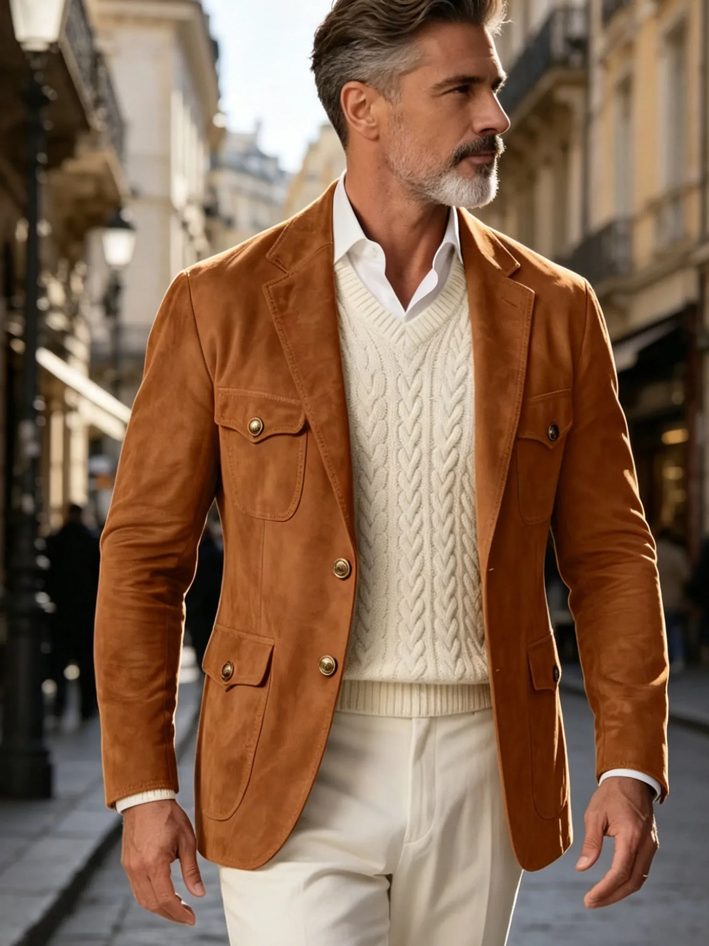 1970s Men's Suede Blazer Retro Slim Fit Two Buttons Multi Pocket High Quality Jacket Fashion Casual Sport Coat For Daily Wear