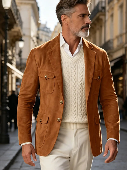 1970s Men's Suede Blazer Retro Slim Fit Two Buttons Multi Pocket High Quality Jacket Fashion Casual Sport Coat For Daily Wear