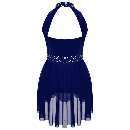 Kids Girls Gymnastics Figure Skating Ballet Lyrical Dance Costume Dress Side Split Sheer Mesh Ruched Glittery Rhinestones Dress