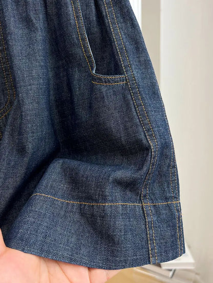 European-style high-end elastic waist casual denim shorts for women, summer thin loose high-waist A-line wide-leg hot pants