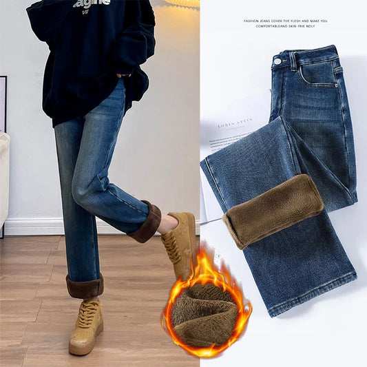 Winter Thickened Women's Mink Velvet Jeans Loose Straight Warm Soft Fleece Fashion Elastic High Waist Female Pants Black Blue