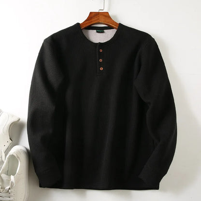 Men's Fleece - Lined Thickened Long - Sleeved Henley Neck Waffle Knit T - Shirt