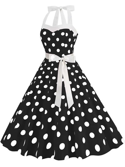 Women Summer Party Dress With Belt Polka Dot Print Halter Hepburn Robe 50s 60s Vintage Dresses