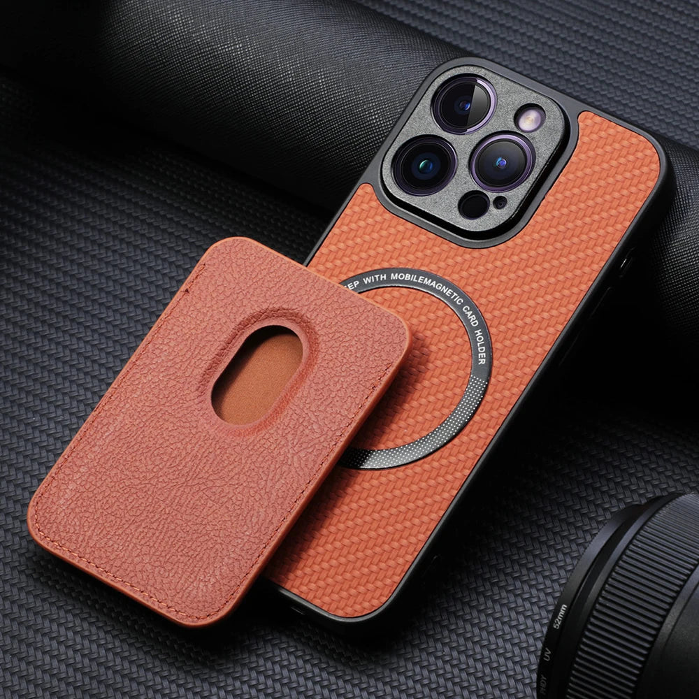 Carbon Fiber Style PU Leather for Magsafe Case for iPhone 17 Air 16 15 Pro Max 16e 14 Plus 11 12 13 Mini Cover Card Holder LM2