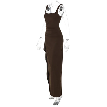 Women Elegant Solid Straps Slit Ruched Patchwork Sexy Bodycon Maxi Dress Summer Outfits Evening Party Birthday Festival