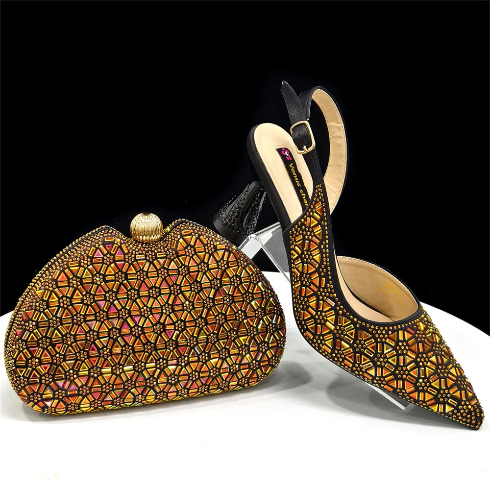 Elegant Black and Gold Pointed-Toe Italian Women's High-Heeled Shoe and Bag Set with Full Diamond Accents – Perfect for Party