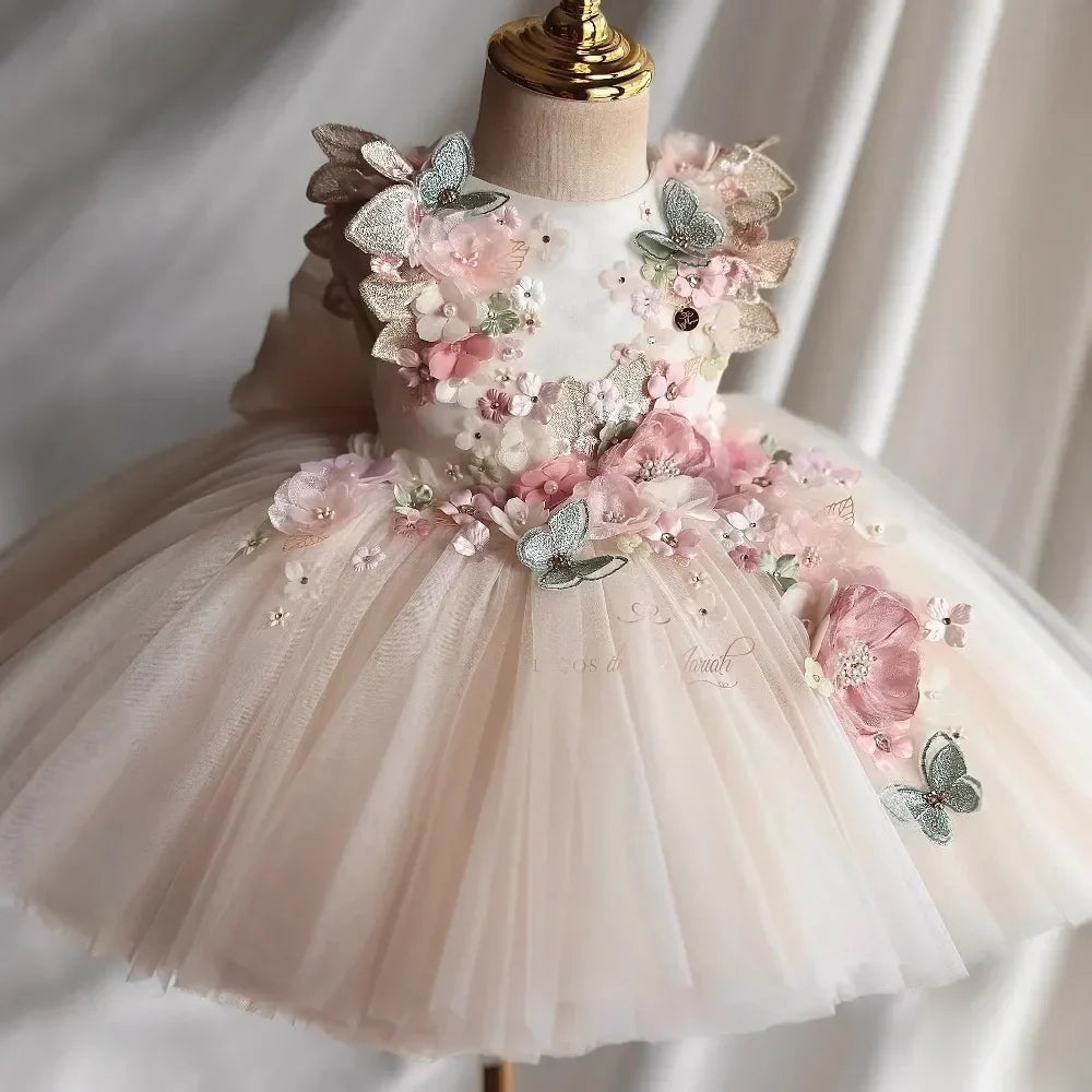 Custom Pink Floral Butterfly Tulle Flower Girl Dress First Christmas Dress Wedding Party Gown for Girls فساتين اطفال