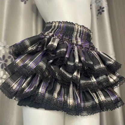 Y2k Harajuku Gothic Lolita Kawaii Plaid Mini Skirts Women Punk Vintage Lace Cake Skirt Subculture Fashion Ball Gown Short Skirts