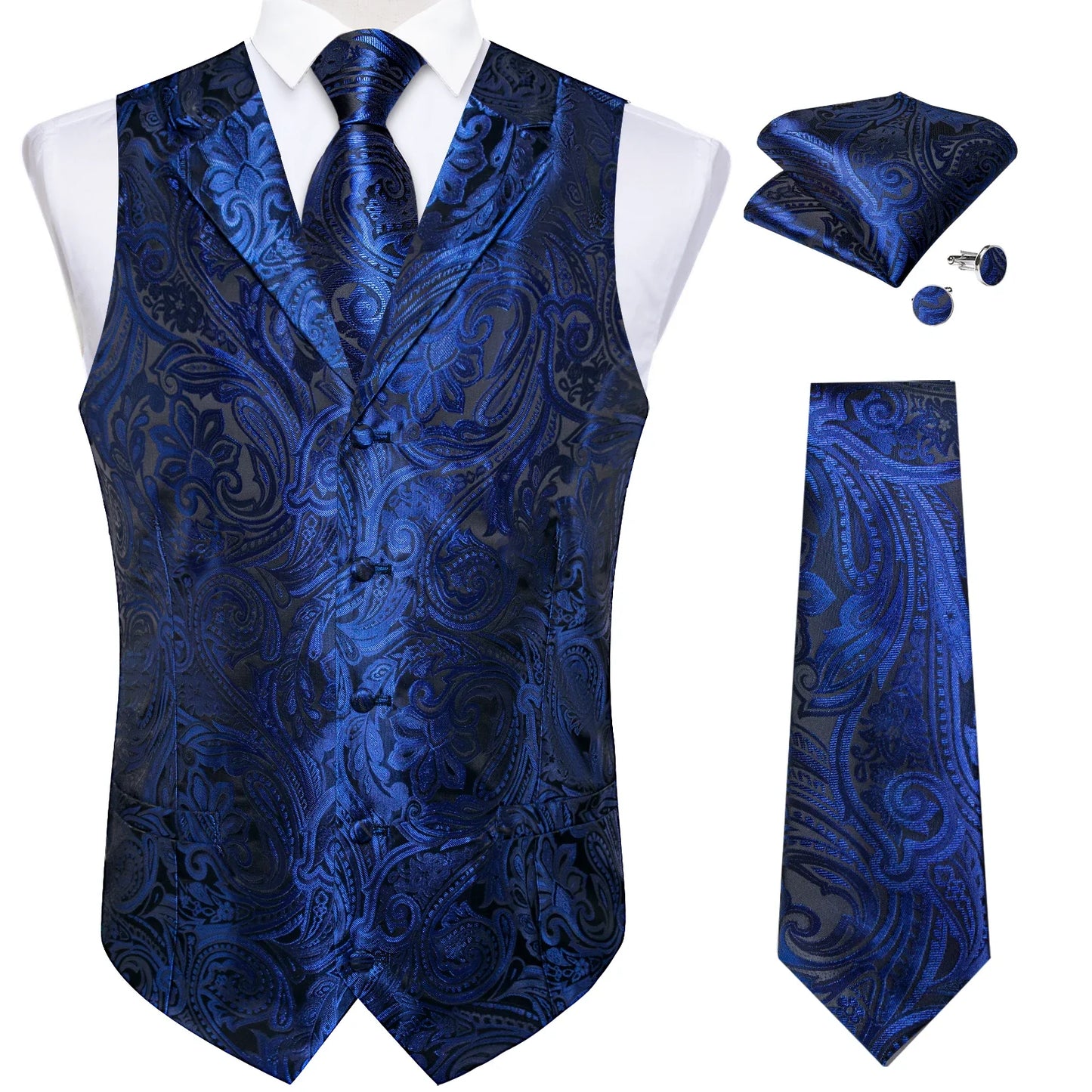 Men's Vest Tie Set Paisley Tuxedo Suit Waistcoat and Necktie Hankerchief Cufflinks for Wedding Party Groom Clothing