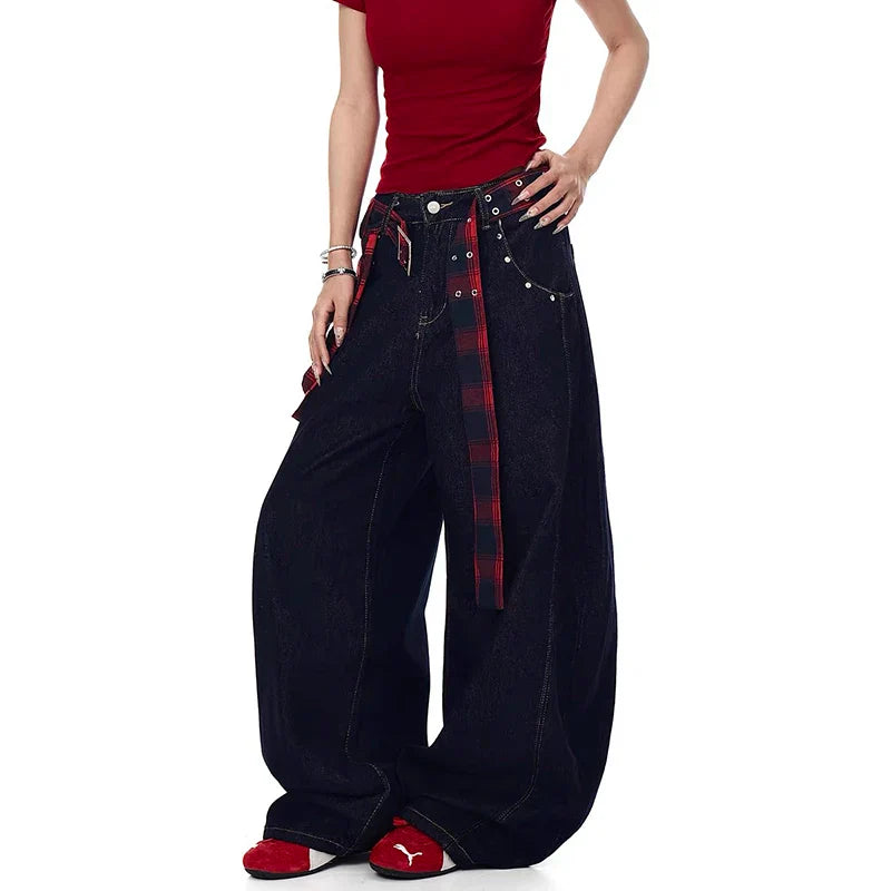 ZHIZOU Women Dark Blue Y2k Oversize Jeans Harajuku Wide Leg Denim Trouser Japanese 2000s Style Baggy Jean Pants Vintage Clothe