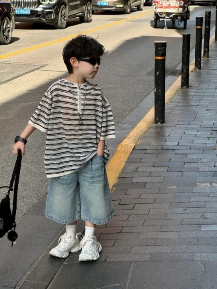 2025 Summer New Boys' Korean Casual Hooded Short Sleeve T-Shirt Loose Trendy Kids' Sportswear Outfit