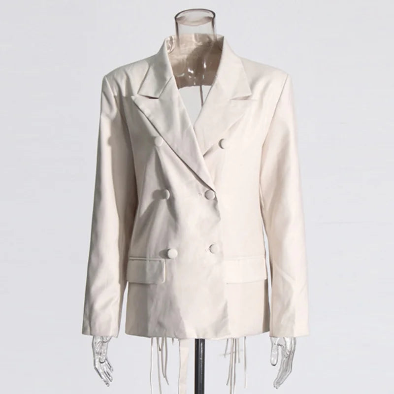 New Arrival Women Back Hollow Out Design Double Breasted Suit Jackets Y2K High Street Streamer Decoration Temperament Coat