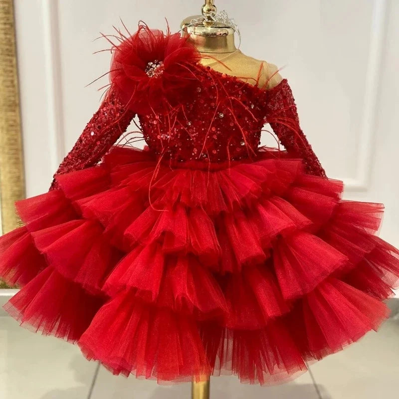Customized Flower Girl Dresses Cute Pink Glitter Sequined Shiny Puffy Organza With Bow Fit Wedding Party Princess Ball Gowns