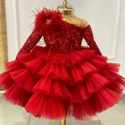 Customized Flower Girl Dresses Cute Pink Glitter Sequined Shiny Puffy Organza With Bow Fit Wedding Party Princess Ball Gowns