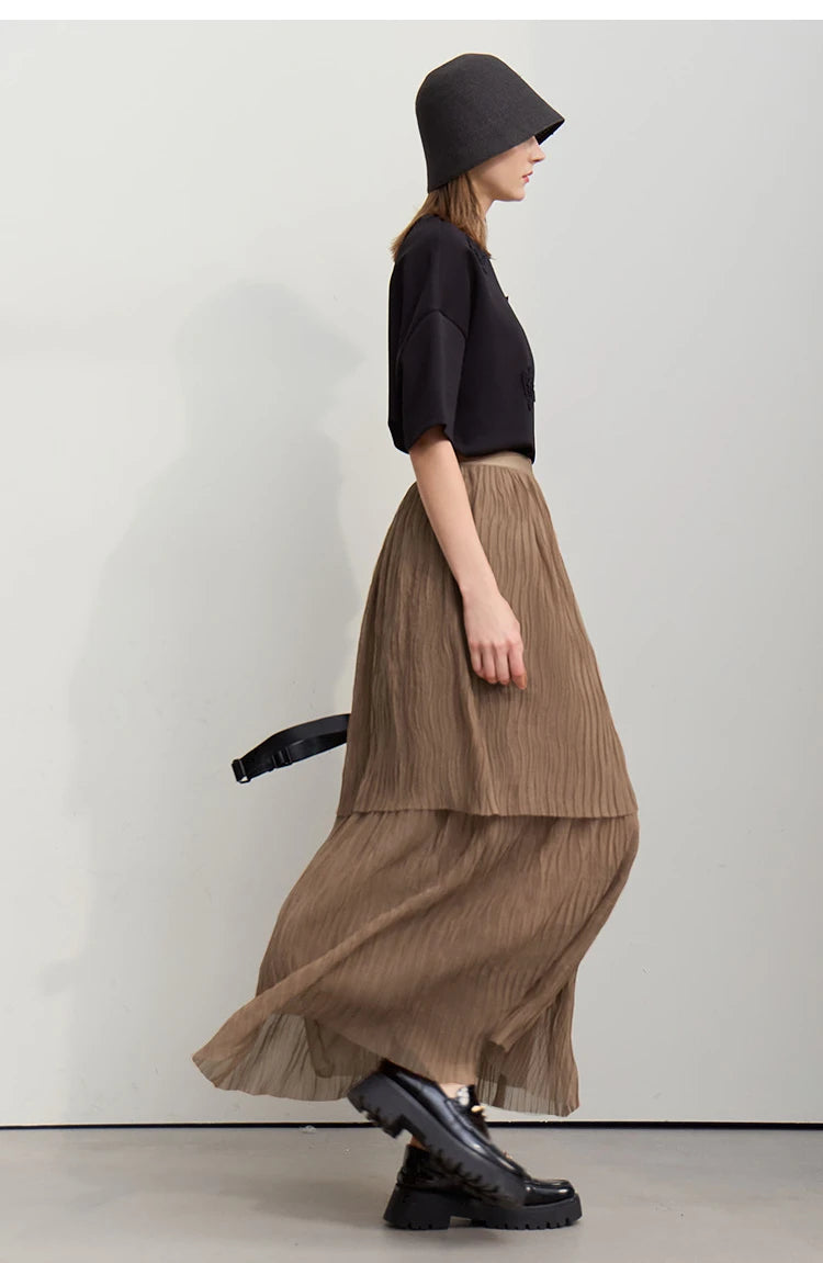 Long Skirt 2026 Spring New Casual Vacation Waist Pleated Mesh Long Skirt Women Loose Solid Versatile Woman Clothes 12621001