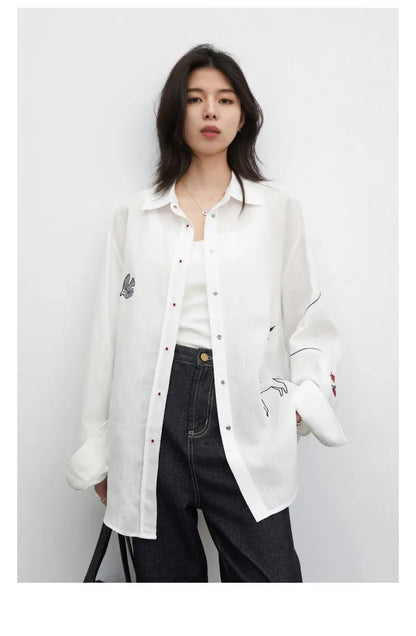 Fashion Women Shirt White Single-breasted Loose Casual Long Sleeve Pony Embroidered Female Blouses Spring Summer 2026