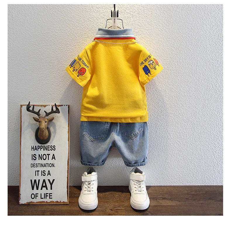 2-10 Years Kids Boys Clothes Set Summer Short Sleeve Cartoon Print Lapel T-shirt And Denim Shorts 2PCS Children Tracksuit Outfit