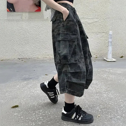 Lady Retro Fashion Baggy Capri Jeans Female High Waist Thin Denim Pants Girls Fashion Camouflage Straight Leg Trousers