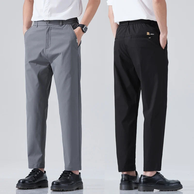 2026 Spring Summer Thin Ice Silk Suit Pants Men's Business Straight Slim High Elastic Ankle Length Casual Pants Male