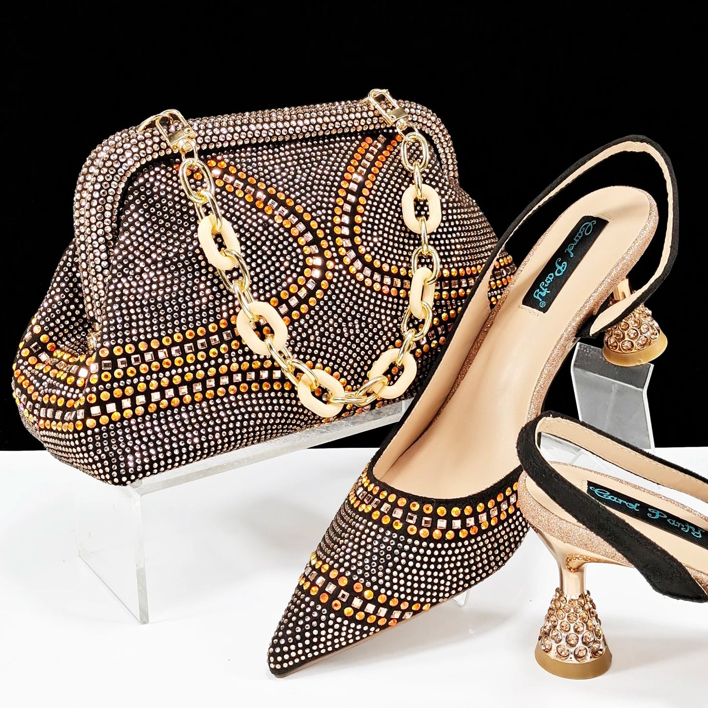 New Italian Pumps and Bag To Party 2024 INS Style Pointed-Toe Rhinestone Elegant High Heels Champagne Wedge for Women