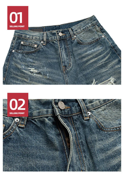 Unisex Retro Washed Aged Ripped Straight Leg Blue Jeans Torn Hole Z029#