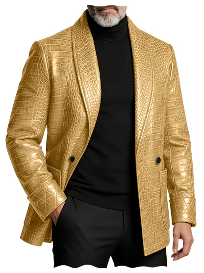 Men's Crocodile Pattern Leather Blazer 1 Button Shawl Collar Tuxedo Jacket Formal Business Wedding Coat Luxury Suit Outerwear