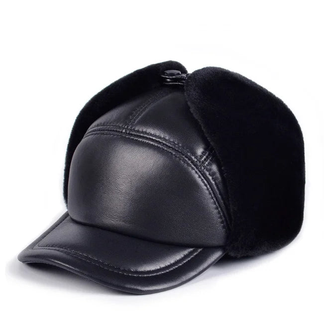 Winter Hat Men Genuine Leather Sheepskin Bomber Hat Earflap Black Warm Thick Ski Snow Windproof Male Russian Hat