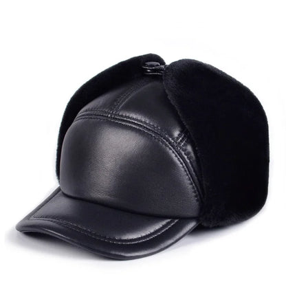 Winter Hat Men Genuine Leather Sheepskin Bomber Hat Earflap Black Warm Thick Ski Snow Windproof Male Russian Hat