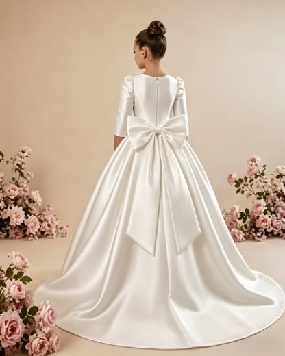 Custom Girls First Communion Dress 2025 New Long Sleeve Matte Satin A-Line Tail Evening Gown Girls Wedding Party Princess Dress
