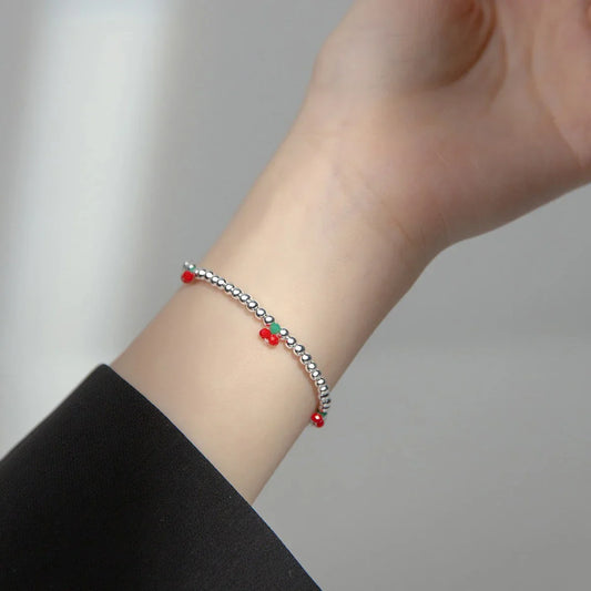 Bracelet réglable en argent sterling 925 véritable, perles rondes cerise de base, pour femmes, bracelet à breloques, bijoux fins, cadeau d'anniversaire