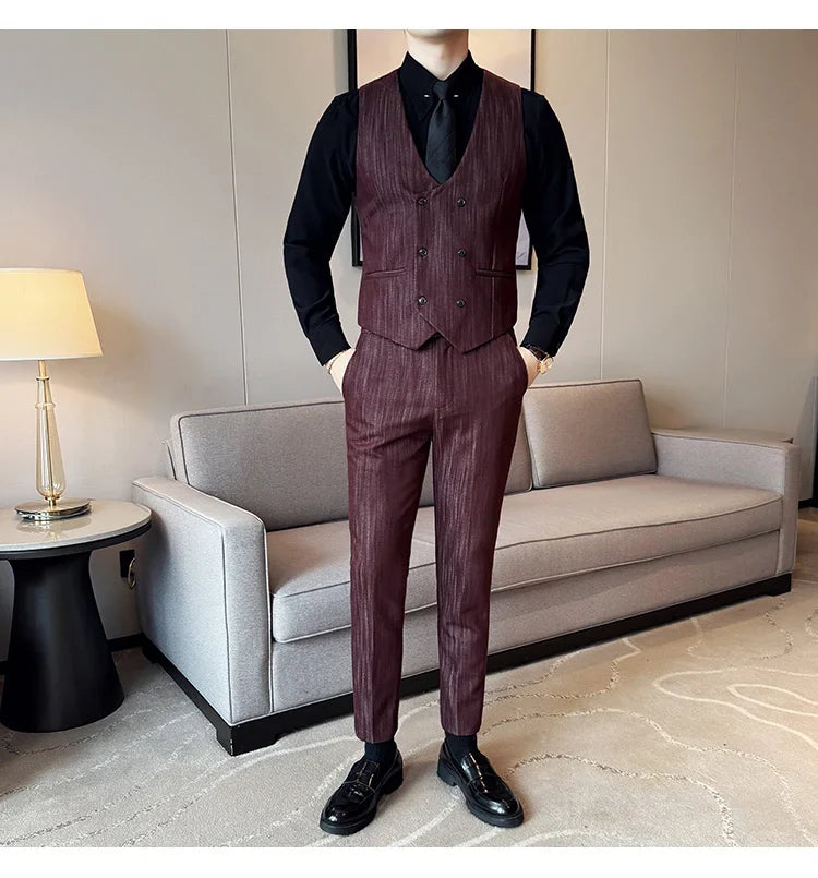 ( Vest + Pants) Double-breasted Striped With Pants Men Business Slim Fit Suit Vest 2 pieces Formal Groom Wedding Dress Vest