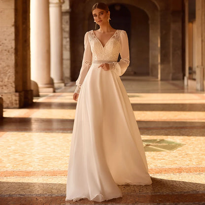 Customized Boho Bridal Gown New Arrival V Neck Puff Sleeevs Bohemian Lace Chiffon Sweep Train A Line Wedding Dresses