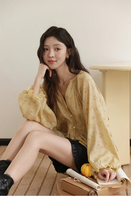 Elegant Woman Shirt 2025 Autumn Yellow Printing Lantern Sleeves Shirt Commute Drawstring Waist Lace Trim Top MXE45X2499