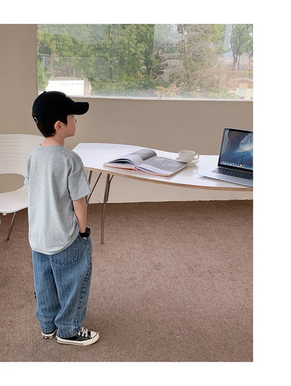 Summer Casual School Kids Cotton Plain Tee Tops Baby and Boys Short-Sleeved T-Shirt Children Outfit Clothing 1-16 Years