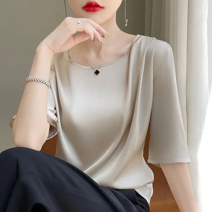 Fashion Casual Loose Ladies Solid Color Silk Short Sleeve T-Shirt Simplicity Elegant Trend Temperament Pullovers O-neck