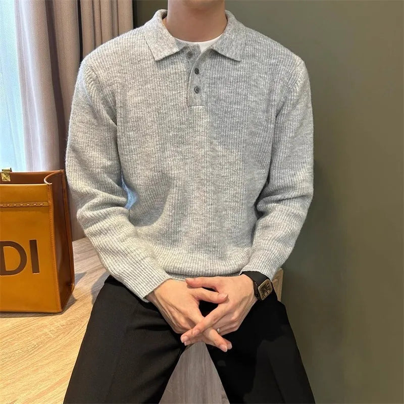 Mens Knit Sweater Autumn Winter Pullover Korean Soft Heavyweight Knit Polo Sweaters Minimalist Long Sleeve Solid Casual Top