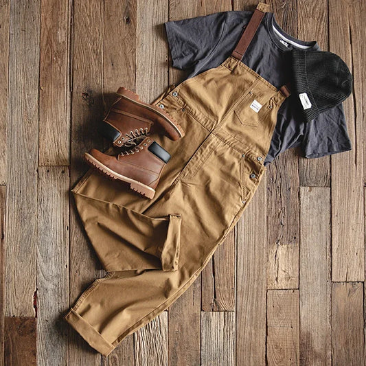 Khaki Overalls Men’s Baggy Workwear Vintage Jumpsuit Pockets Cargo Working Pants Quality Straight Oversize Trouser