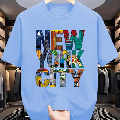 Summer men's 100% pure cotton casual loose fit plus size New York City printed comfortable round neck short sleeved T-shirt top