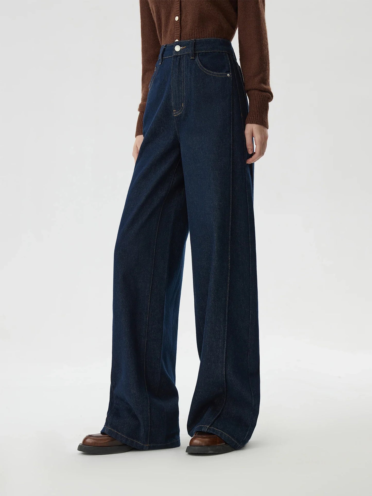 FSLE 2025 New Arrival Women Jeans High Waist Cotton Wide Leg Trousers Dark Denim Blue Loose Floor Length Female Jeans Streetwear