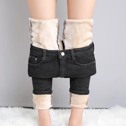 2023 Fashion Women Stretch High Waist Pencil Pants Casual Female Velvet Jeans High Quality Fleece Mom Jeans Thick Plush Pants