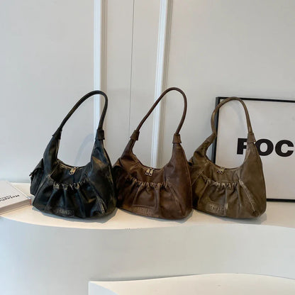 Retro Leather Shoulder Bags for Women 2025 Spring Vintage Underarm Bag Handbags and Purses Latest Fashion Hand Bag