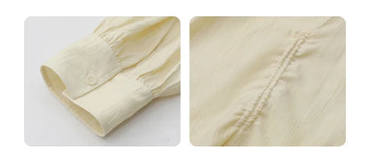 Women Loose Lace Up Shirt Solid New Korean V-neck Pleated Raglan Long Sleeved Blouses Female Tops Spring Summer 2026